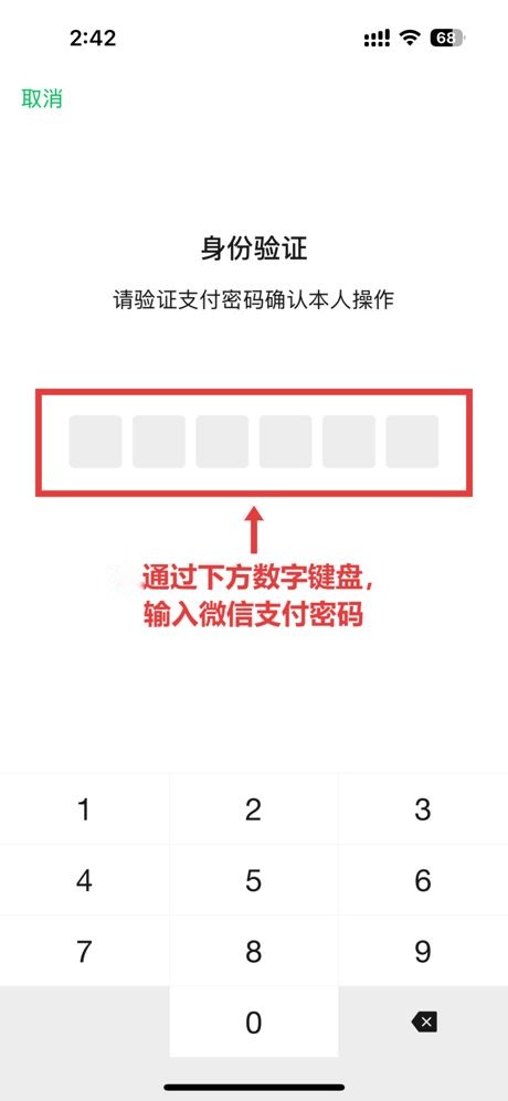 ⑤ 通过数字键盘输入微信支付密码
